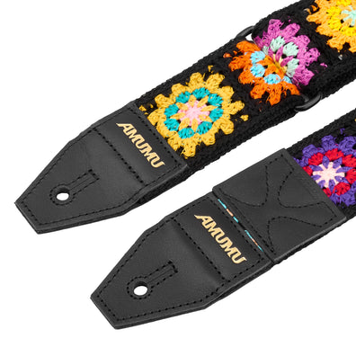 AMUMU CO44C-BK-R Colorful Crochet Guitar Strap β Vintage Knit Pattern with Black Base & Leather Ends